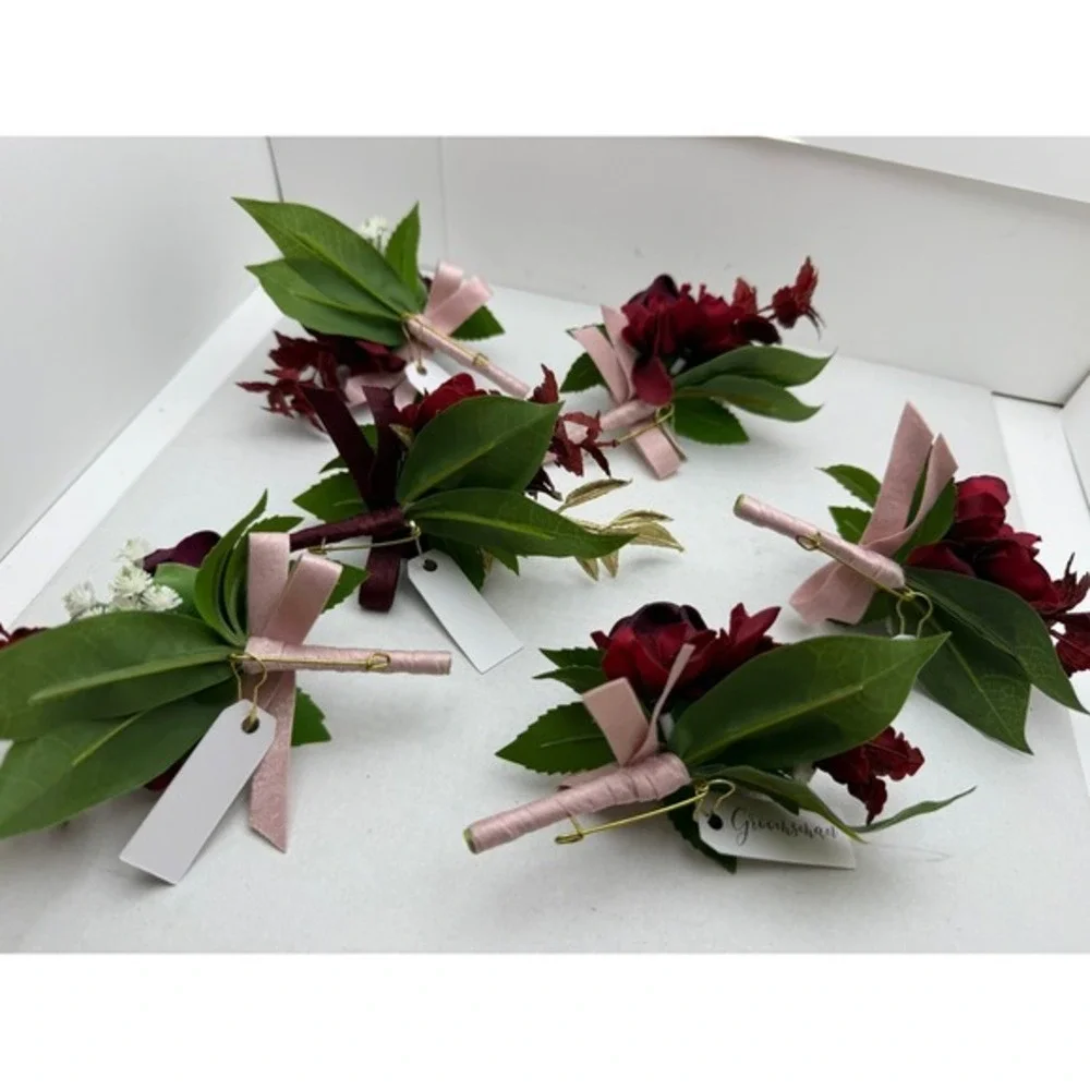 6pc Burgundy Plum‎ Rose Boutonniere Set Wedding Groomsmen Gold Leaf Silk Flowers